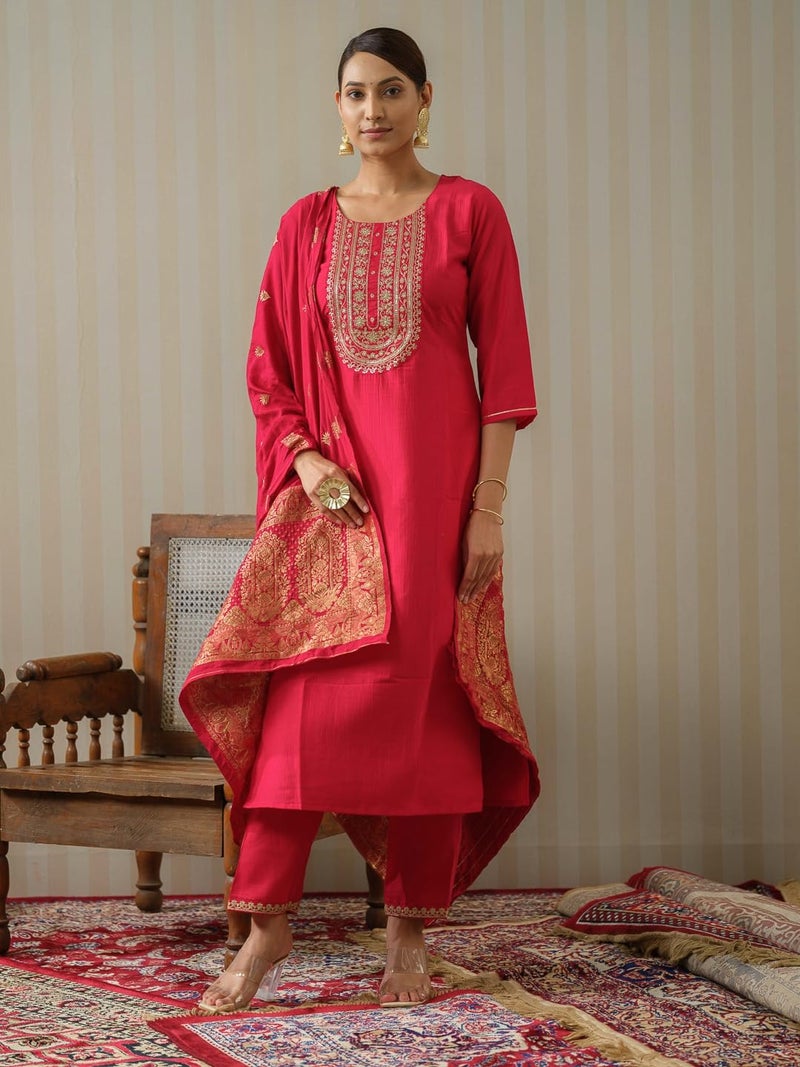 Kaari Women's Embroidered Kurti Set with Dupatta | Ethnic Suits with Embellished Dupatta | Everyday and Festive Kurti Set for Women|Red|S - Image 2