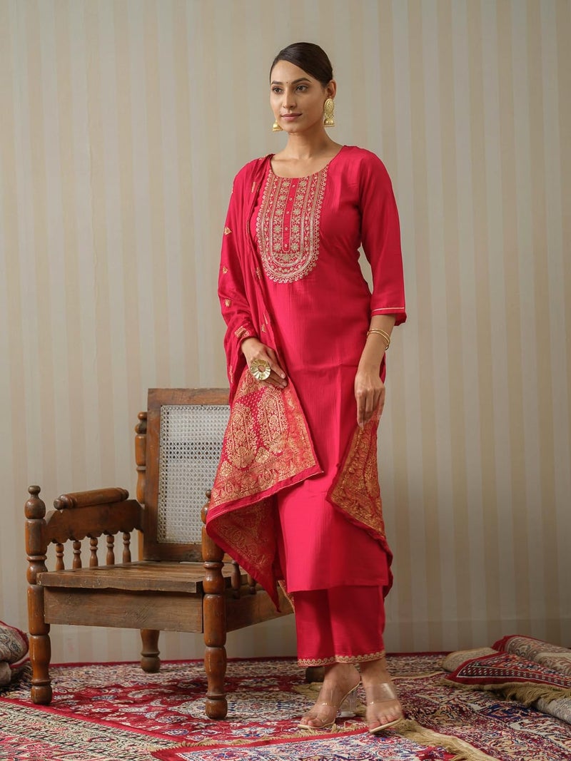 Kaari Women's Embroidered Kurti Set with Dupatta | Ethnic Suits with Embellished Dupatta | Everyday and Festive Kurti Set for Women|Red|S - Image 4