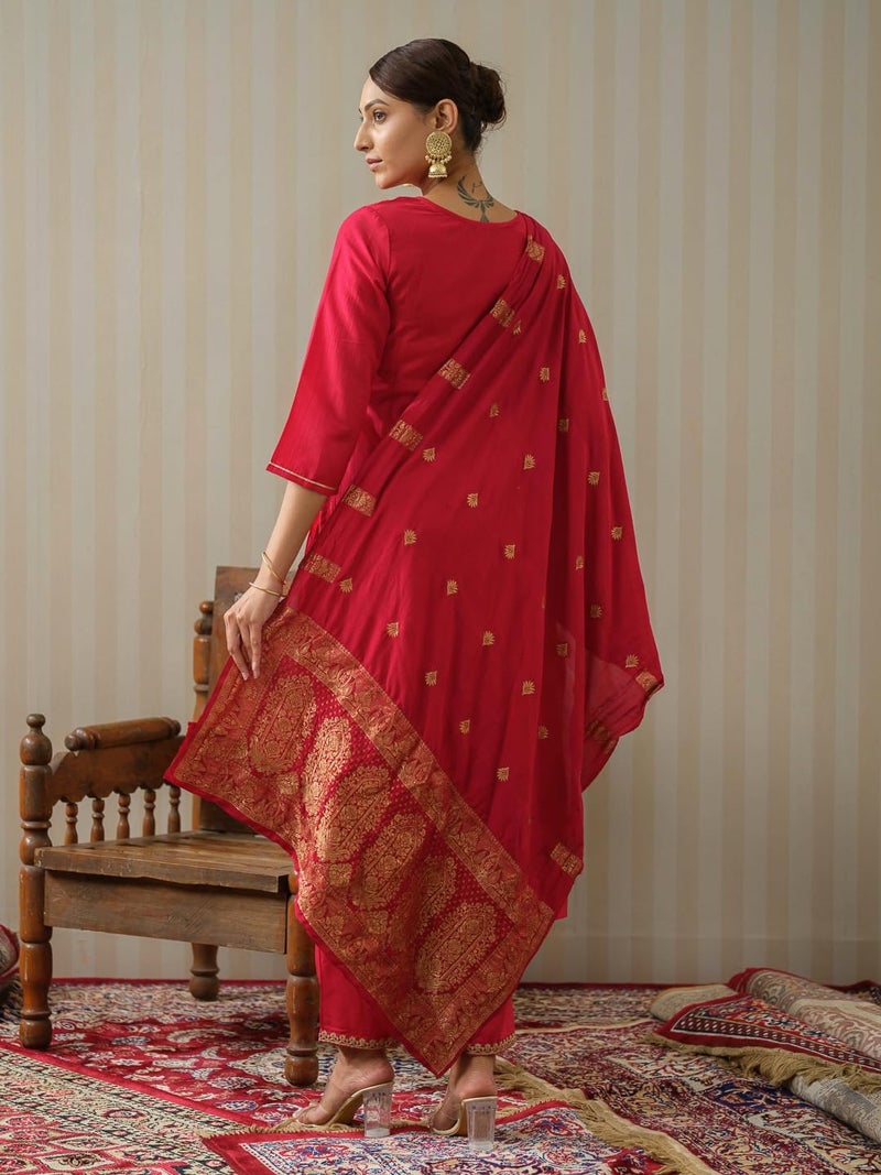 Kaari Women's Embroidered Kurti Set with Dupatta | Ethnic Suits with Embellished Dupatta | Everyday and Festive Kurti Set for Women|Red|S - Image 5