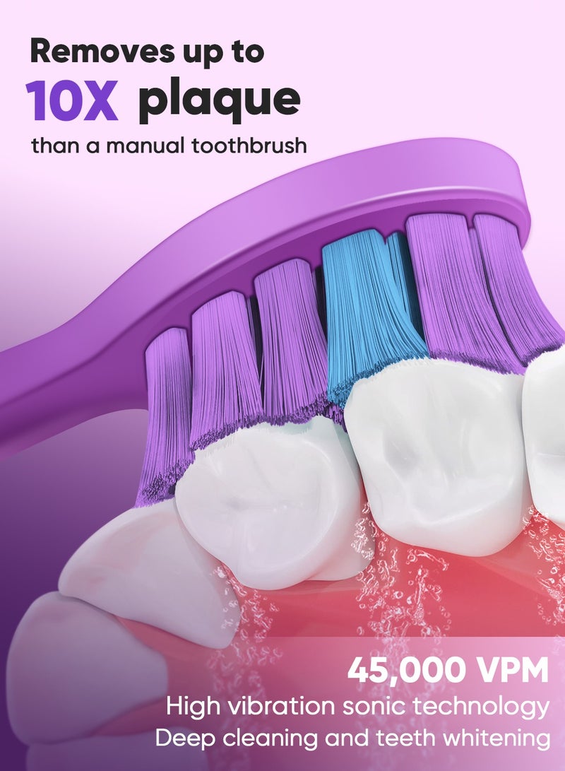 ماي سمايل فرشاة أسنان كهربائية MySmile DY156 للبالغين، فرشاة أسنان صوتية قابلة لإعادة الشحن ومحمولة مع 3 رؤوس فرشاة، مؤقت ذكي بـ 2 دقيقة و 5 أوضاع، 45000 دورة في الدقيقة، شحنة واحدة تكفي لمدة 60 يومًا (أرجواني، مقاس متوسط) - Image 2