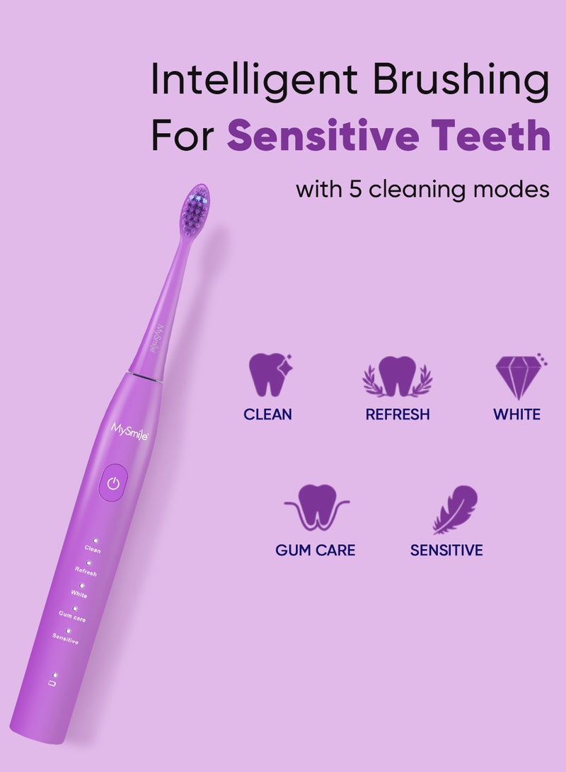 ماي سمايل فرشاة أسنان كهربائية MySmile DY156 للبالغين، فرشاة أسنان صوتية قابلة لإعادة الشحن ومحمولة مع 3 رؤوس فرشاة، مؤقت ذكي بـ 2 دقيقة و 5 أوضاع، 45000 دورة في الدقيقة، شحنة واحدة تكفي لمدة 60 يومًا (أرجواني، مقاس متوسط) - Image 3