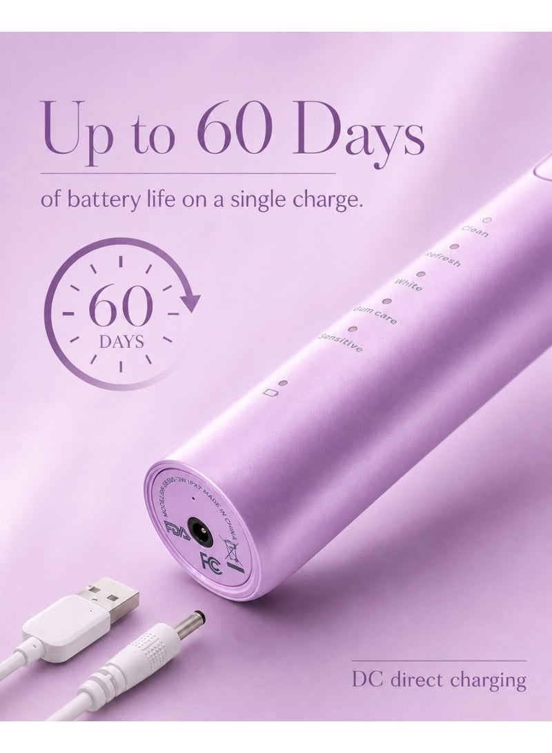 MySmile DY156 Electric Toothbrush for Adults, Rechargeable Sonic Battery Toothbrush Portable with 3 Brush Heads, 2 Mins 5 Modes Smart Timer, 45000VPM, One Charge for 60 Days (Purple, M) - Image 4