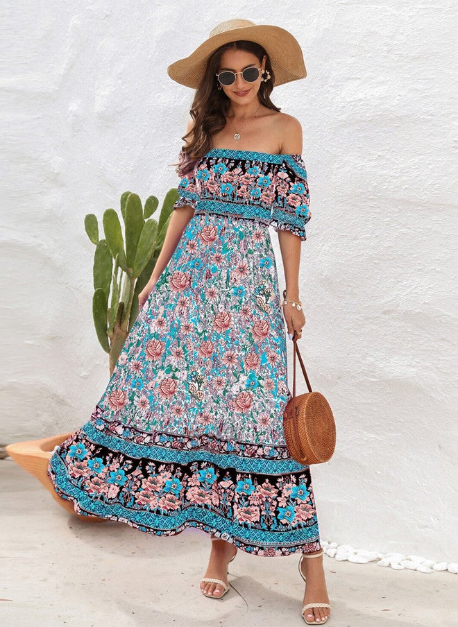 YUNIQEE Blue Floral Printed Off-Shoulder Maxi Dress for Women - Image 1