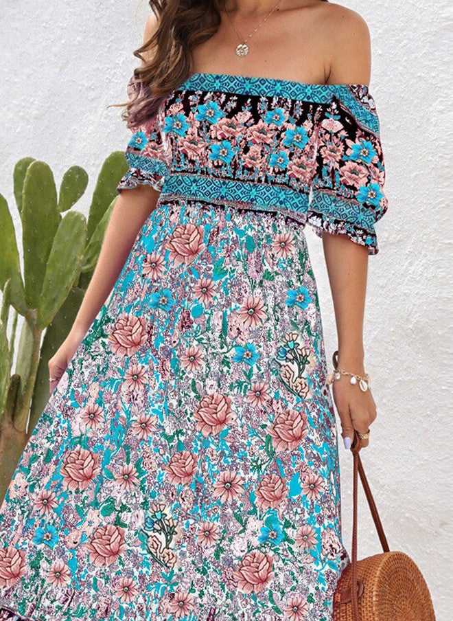 YUNIQEE Blue Floral Printed Off-Shoulder Maxi Dress for Women - Image 2