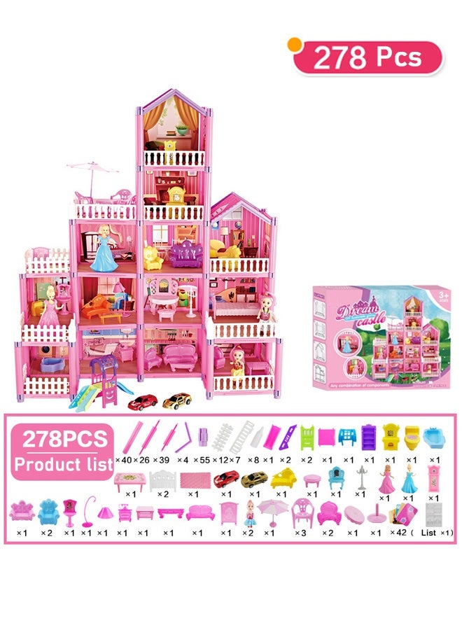 هالامودو 278 قطعة DIY Princess Dolls House ، Kids الوردي الكبير خمسة قصص القلعة الدمى بيت Playset مع الأثاث والاكسسوارات المضمنة ومع مساحة في الهواء الطلق مفتوحة الجانب القلعة الأميرة Playset للبنات الصغار DIY الأفكار هدية - Image 1