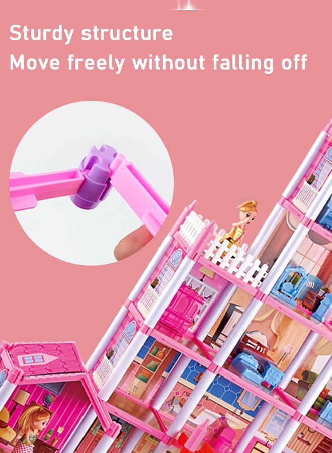 هالامودو 278 قطعة DIY Princess Dolls House ، Kids الوردي الكبير خمسة قصص القلعة الدمى بيت Playset مع الأثاث والاكسسوارات المضمنة ومع مساحة في الهواء الطلق مفتوحة الجانب القلعة الأميرة Playset للبنات الصغار DIY الأفكار هدية - Image 2