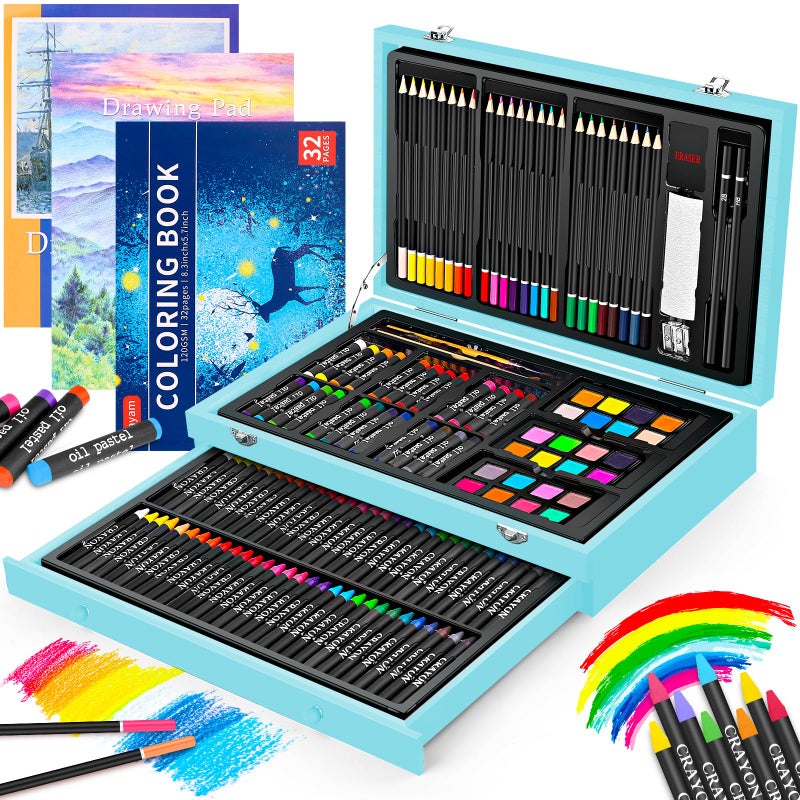 iBayam Art Supplies 150Pack Deluxe Wooden Art Set Crafts Drawing Painting Kit with 1 Coloring Book 2 Sketch Pads Creative Gift Box for Adults Artist Beginners Kids Girls Boys