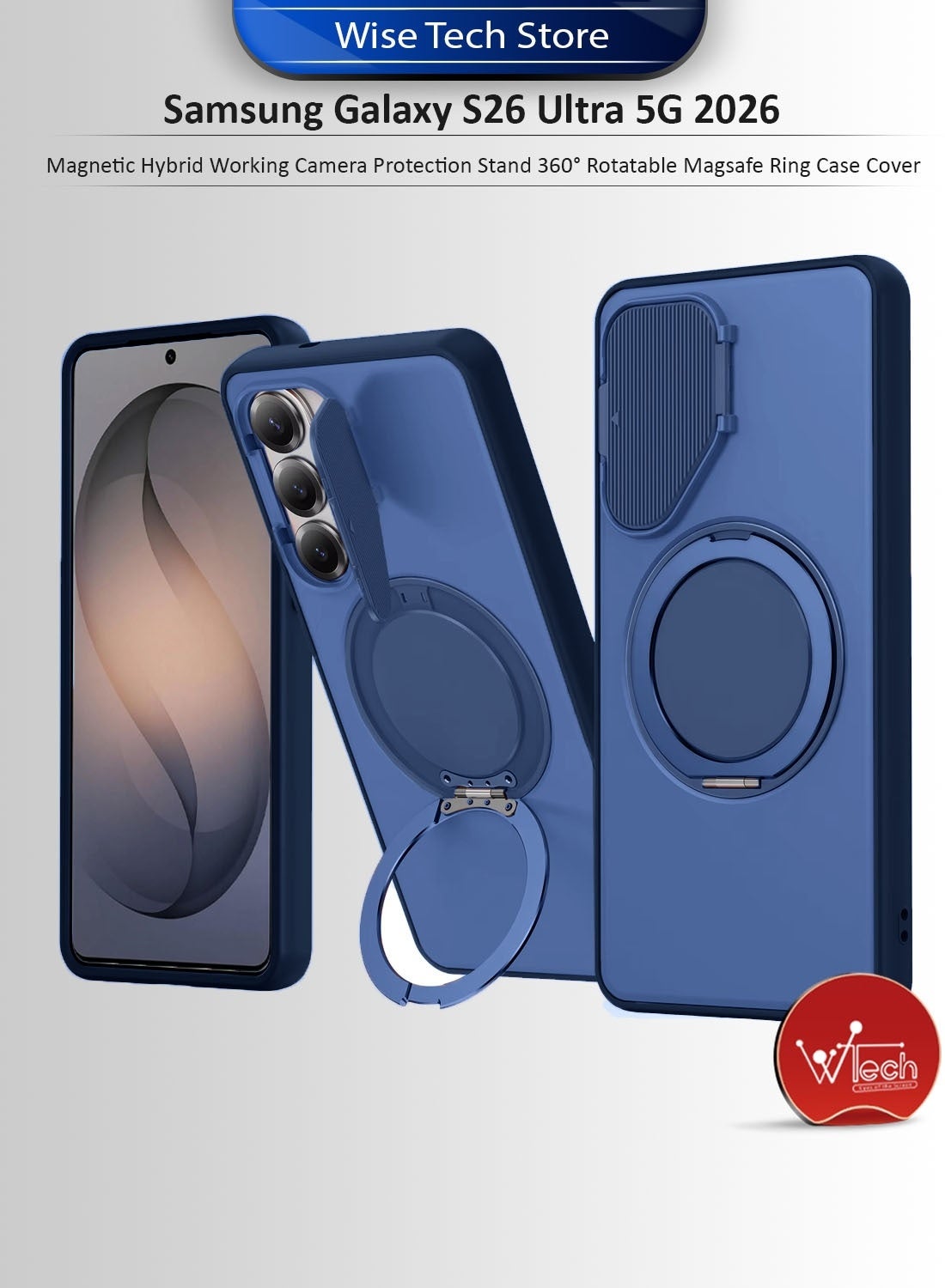 Wtech Samsung Galaxy S26 Ultra 5G 2026 Magnetic Hybrid Working Camera Protection Stand 360° Rotatable Magsafe Ring Case Cover (MCMPMN) - Blue