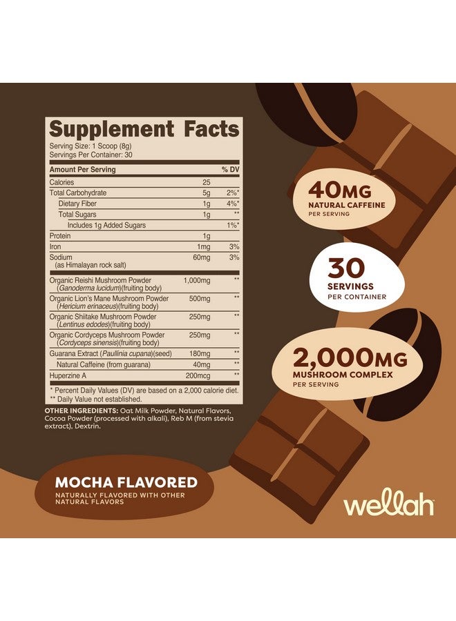 Wellah Wake Up Adaptogenic Mushroom Drink Blend Mocha Flavored (30 Servings) - 40mg Natural Caffeine, 2000mg Mushroom Complex - Image 2