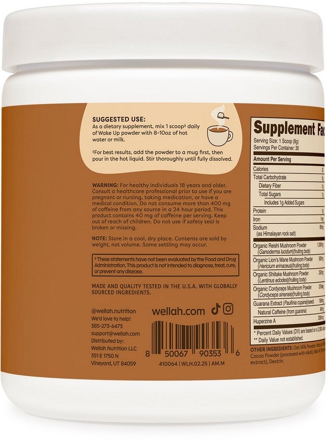 Wellah Wake Up Adaptogenic Mushroom Drink Blend Mocha Flavored (30 Servings) - 40mg Natural Caffeine, 2000mg Mushroom Complex - Image 4