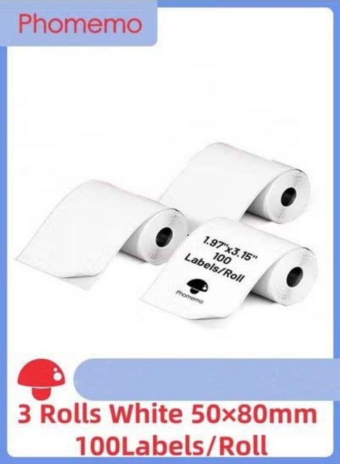 فوميمو 3 لفات ورق ملصقات مربع ذاتي اللصق متعدد الاغراض مقاس 80×50 ملم لطابعة ملصقات M110/M120/M200/M220/M221، للطباعة بالاسود على الابيض، 100 ملصق في اللفة، خلفية بيضاء - Image 1