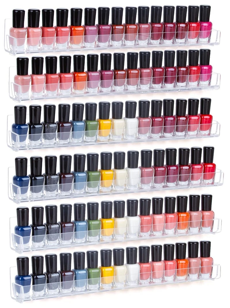6 Pack Acrylic Nail Polish Rack, Clear Wall Mounted Shelf Holder 90 Bottles, Nail Polish Organizer and storage with Anti-slip End Inserts, 15 Inch - Image 1