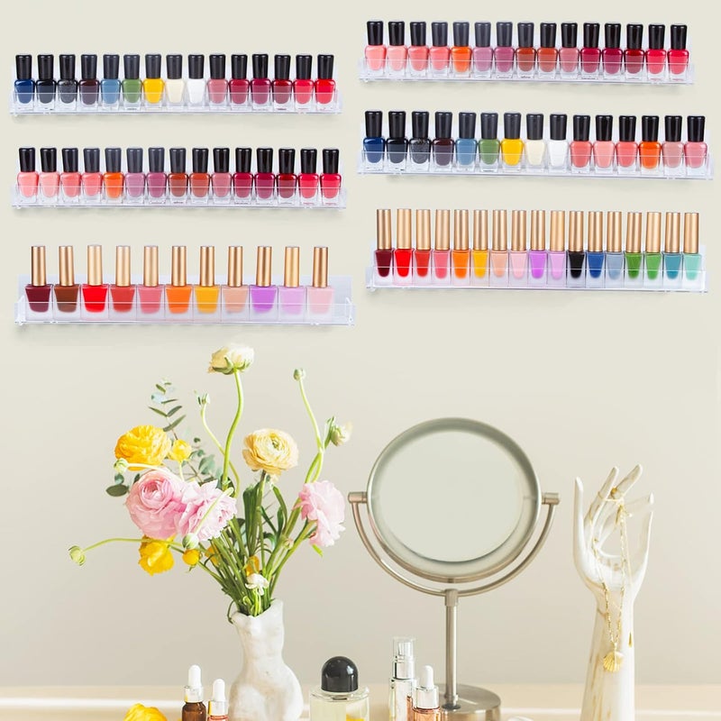 6 Pack Acrylic Nail Polish Rack, Clear Wall Mounted Shelf Holder 90 Bottles, Nail Polish Organizer and storage with Anti-slip End Inserts, 15 Inch - Image 5