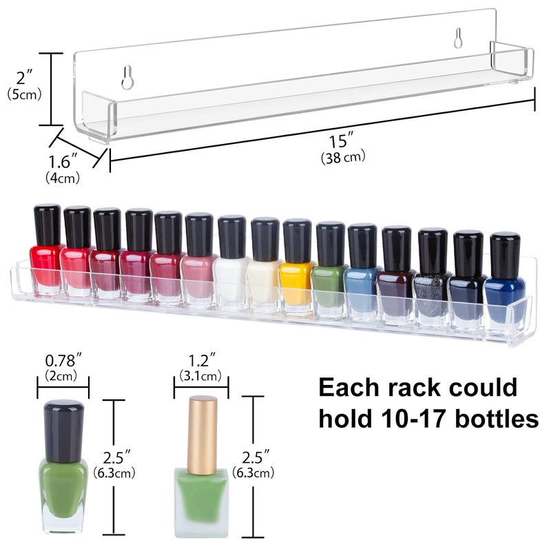 6 Pack Acrylic Nail Polish Rack, Clear Wall Mounted Shelf Holder 90 Bottles, Nail Polish Organizer and storage with Anti-slip End Inserts, 15 Inch - Image 2