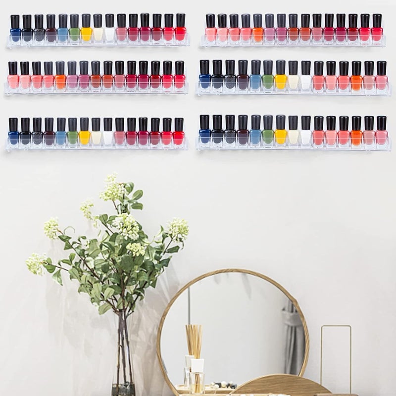 6 Pack Acrylic Nail Polish Rack, Clear Wall Mounted Shelf Holder 90 Bottles, Nail Polish Organizer and storage with Anti-slip End Inserts, 15 Inch - Image 4