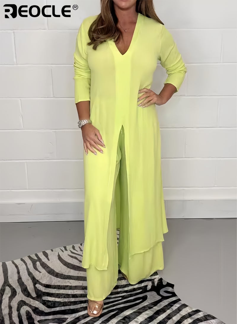 REOCLE Women's 2pcs Loungewear Set Front Split Long Top with Wide Leg Pants Loose Fit Solid Color Comfortable Outfit Relaxed Fit Elegant for Women - Image 1