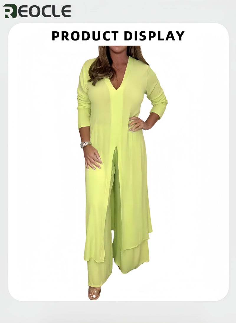 REOCLE Women's 2pcs Loungewear Set Front Split Long Top with Wide Leg Pants Loose Fit Solid Color Comfortable Outfit Relaxed Fit Elegant for Women - Image 3