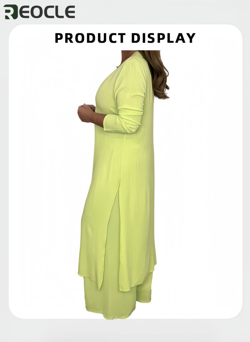 REOCLE Women's 2pcs Loungewear Set Front Split Long Top with Wide Leg Pants Loose Fit Solid Color Comfortable Outfit Relaxed Fit Elegant for Women - Image 4