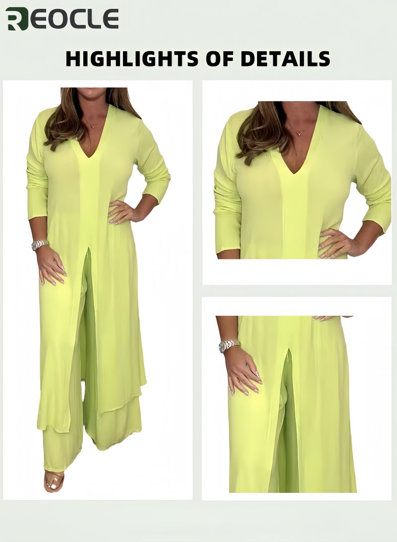 REOCLE Women's 2pcs Loungewear Set Front Split Long Top with Wide Leg Pants Loose Fit Solid Color Comfortable Outfit Relaxed Fit Elegant for Women - Image 5
