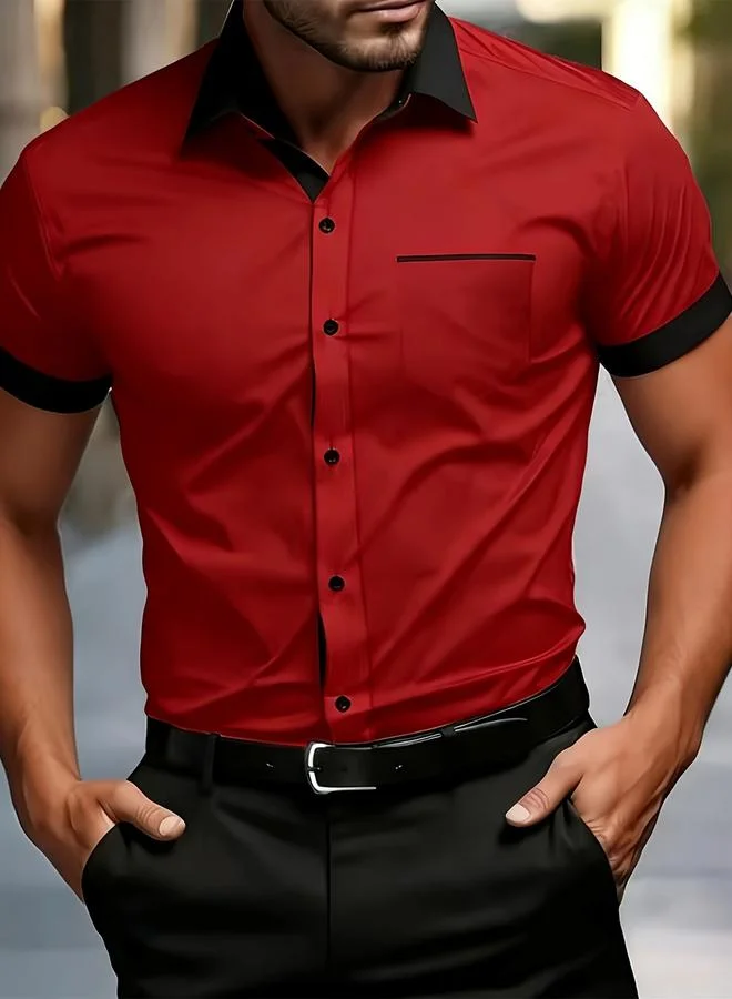 Take Two Red Plain Spread Collar Short Sleeve Shirt