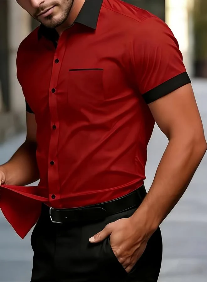 Take Two Red Plain Spread Collar Short Sleeve Shirt