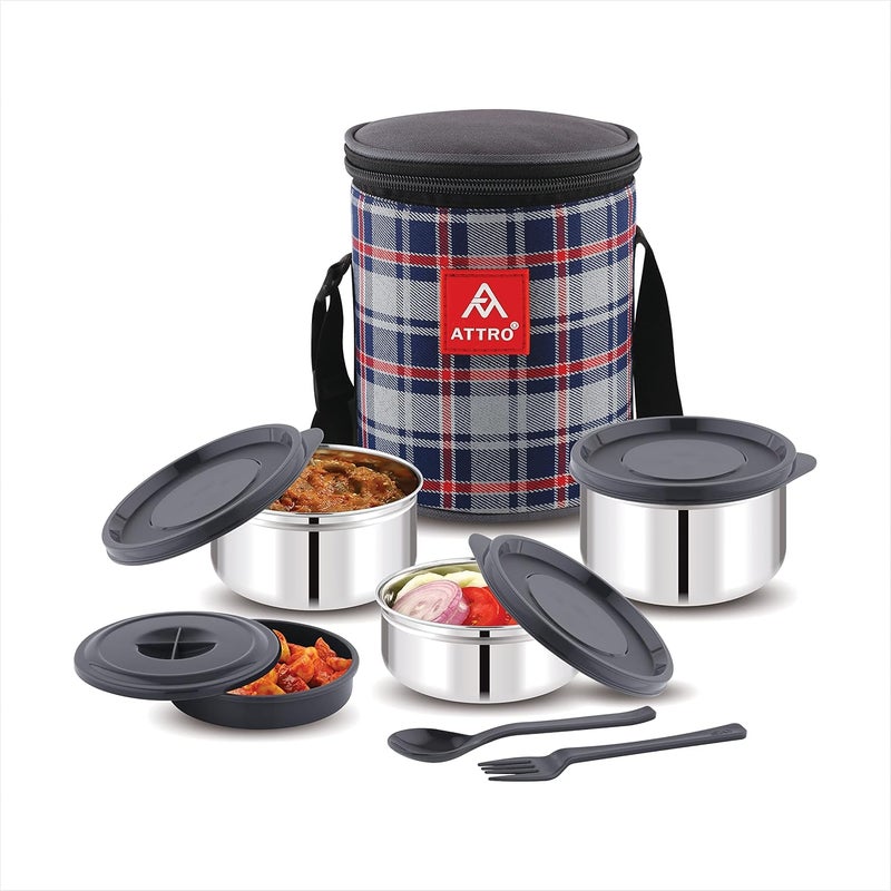 Attro Prime Stainless Steel Single Wall Lunch Box Airtight Leak Proof 4 Containers with Bag Fork Spoon for Office Use School Picnic 1100 ml Grey - Image 1