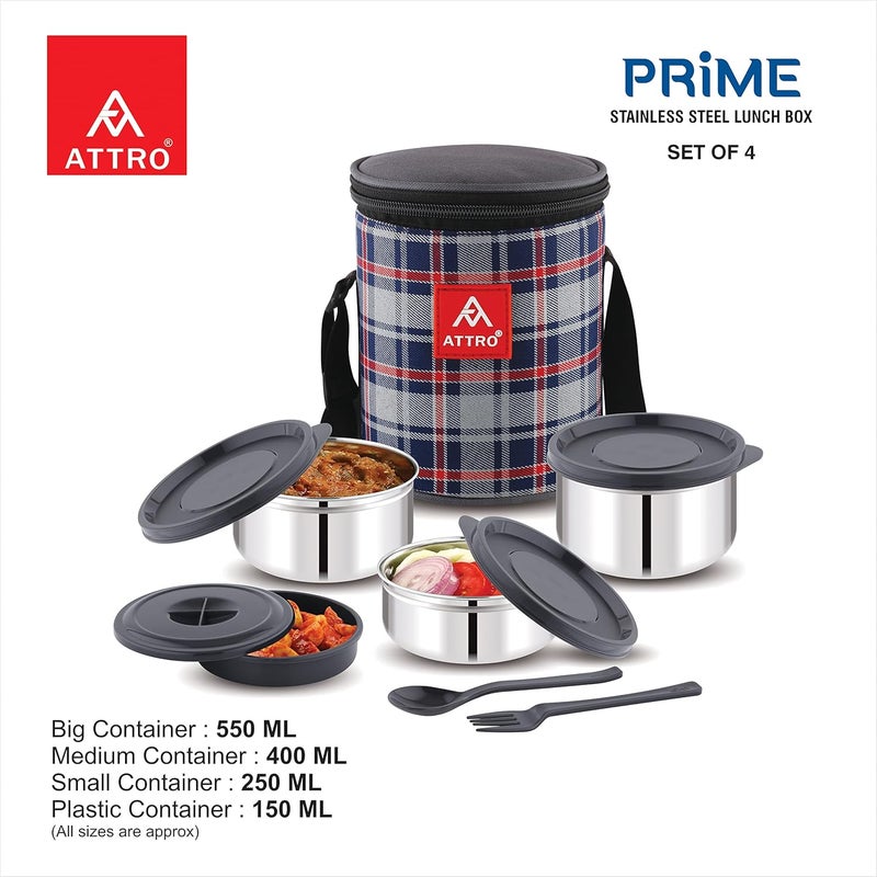 Attro Prime Stainless Steel Single Wall Lunch Box Airtight Leak Proof 4 Containers with Bag Fork Spoon for Office Use School Picnic 1100 ml Grey - Image 2