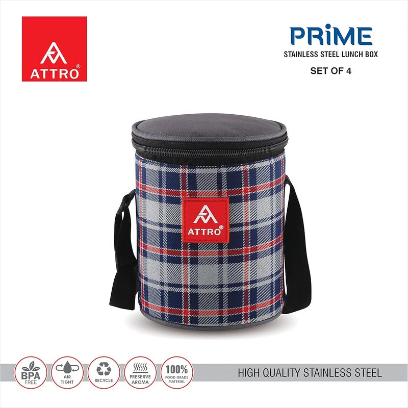 Attro Prime Stainless Steel Single Wall Lunch Box Airtight Leak Proof 4 Containers with Bag Fork Spoon for Office Use School Picnic 1100 ml Grey - Image 3