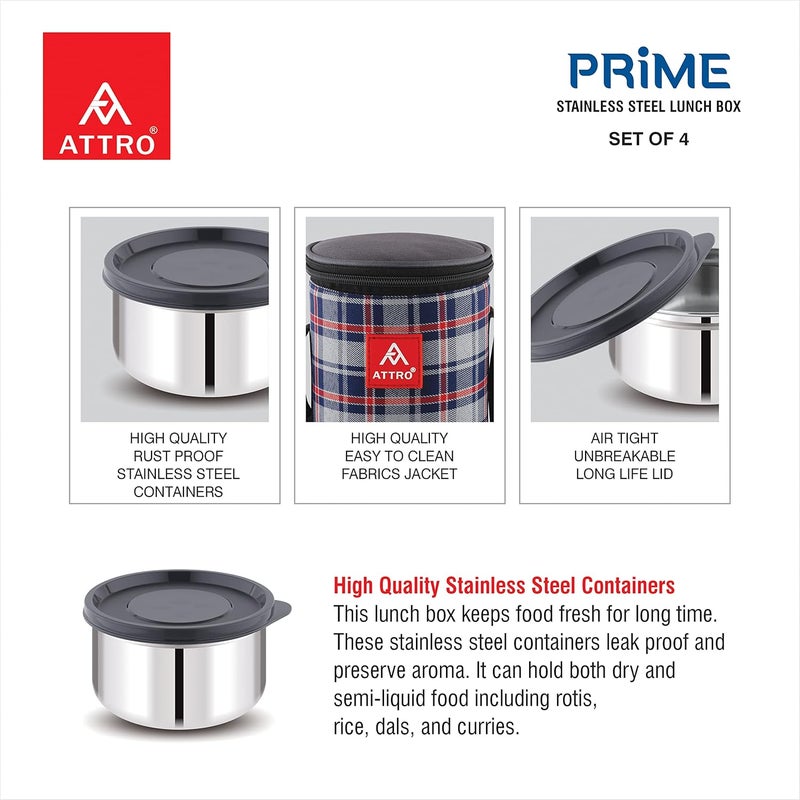 Attro Prime Stainless Steel Single Wall Lunch Box Airtight Leak Proof 4 Containers with Bag Fork Spoon for Office Use School Picnic 1100 ml Grey - Image 4