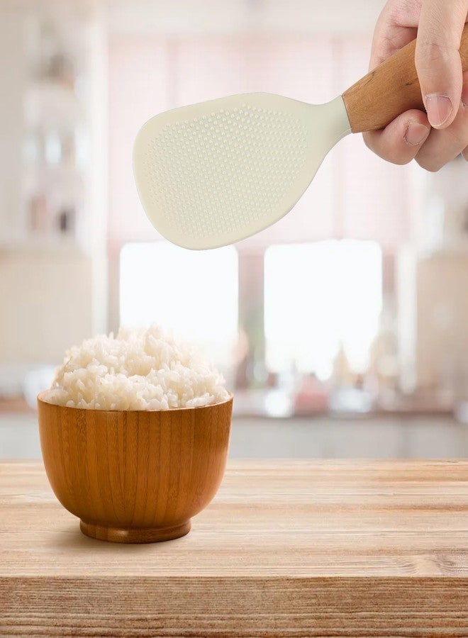 عبوتان من ملعقتين سيليكونيتين لطهي الأرز بمقبض خشبي، أداة مطبخ غير لاصقة لطهي الأرز، لون أبيض - Image 4