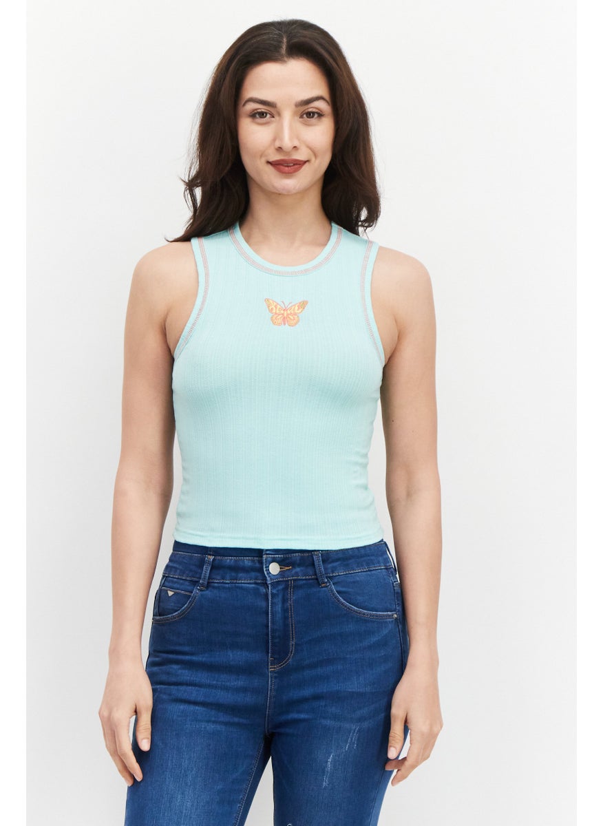 X-Girl Women Round Neck Sleeveless Embroidered Tank Top, Turquoise  - Image 1