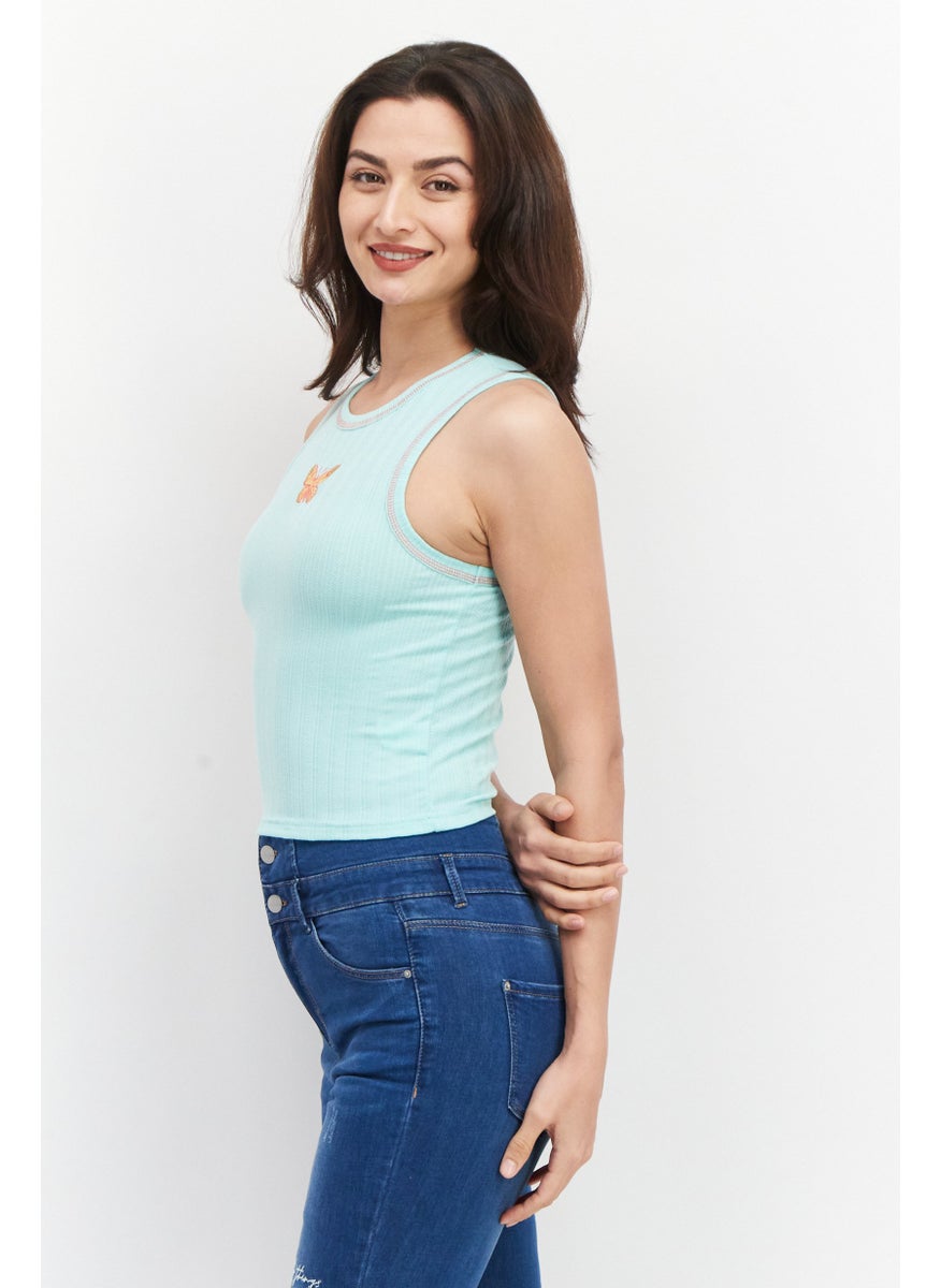 X-Girl Women Round Neck Sleeveless Embroidered Tank Top, Turquoise  - Image 4