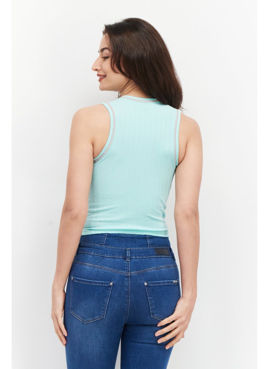 X-Girl Women Round Neck Sleeveless Embroidered Tank Top, Turquoise  - Image 2