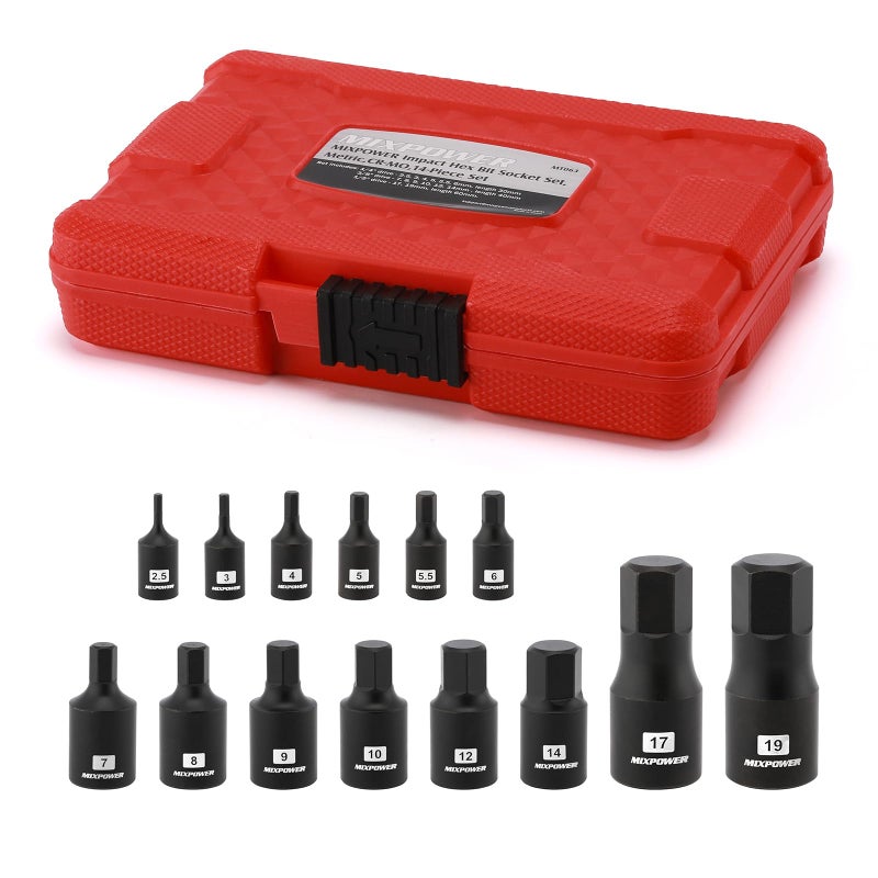 MIXPOWER 14Piece Dr Bit Socket Set 25mm to 19mm 14 38 and 12 Drive CrMo Impact Grade Metric Hex Bit Socket