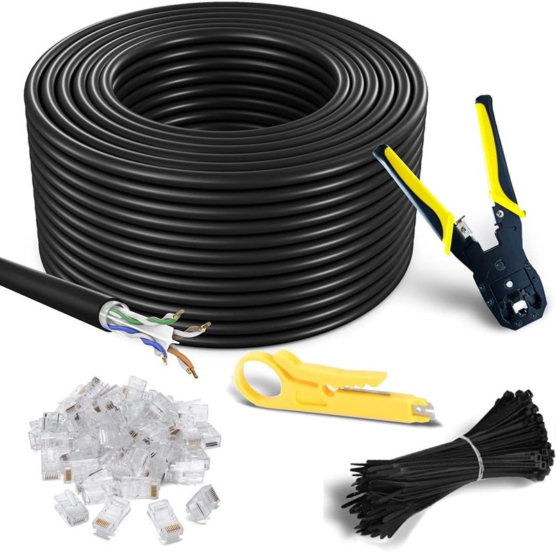 MutecPower 100m CAT6 Outdoor waterproof Direct Burial Ethernet Network Cable - UTP - CCA - 550 Mhz - Black 100 meter with Crimping tool RJ45 connectors and Cable Ties - Image 1