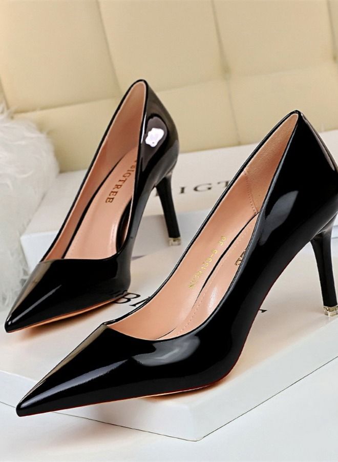 BIGTREE أحذية كعب عالي معدنية موضة 7.5 سم سوداء