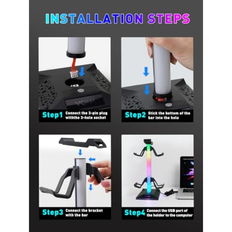 Gaming controller holder for Xbox PS5 PC, aluminum alloy, black, with RGB lighting, 10 light modes, memory feature, USB and Type-C ports, headphone stand - Image 5