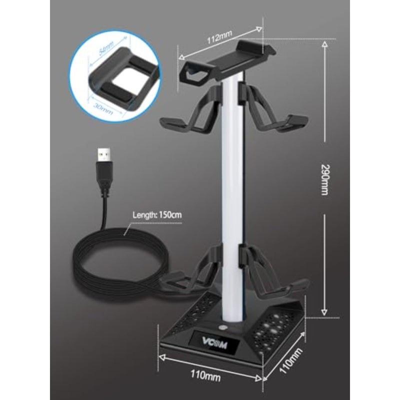 Gaming controller holder for Xbox PS5 PC, aluminum alloy, black, with RGB lighting, 10 light modes, memory feature, USB and Type-C ports, headphone stand - Image 2
