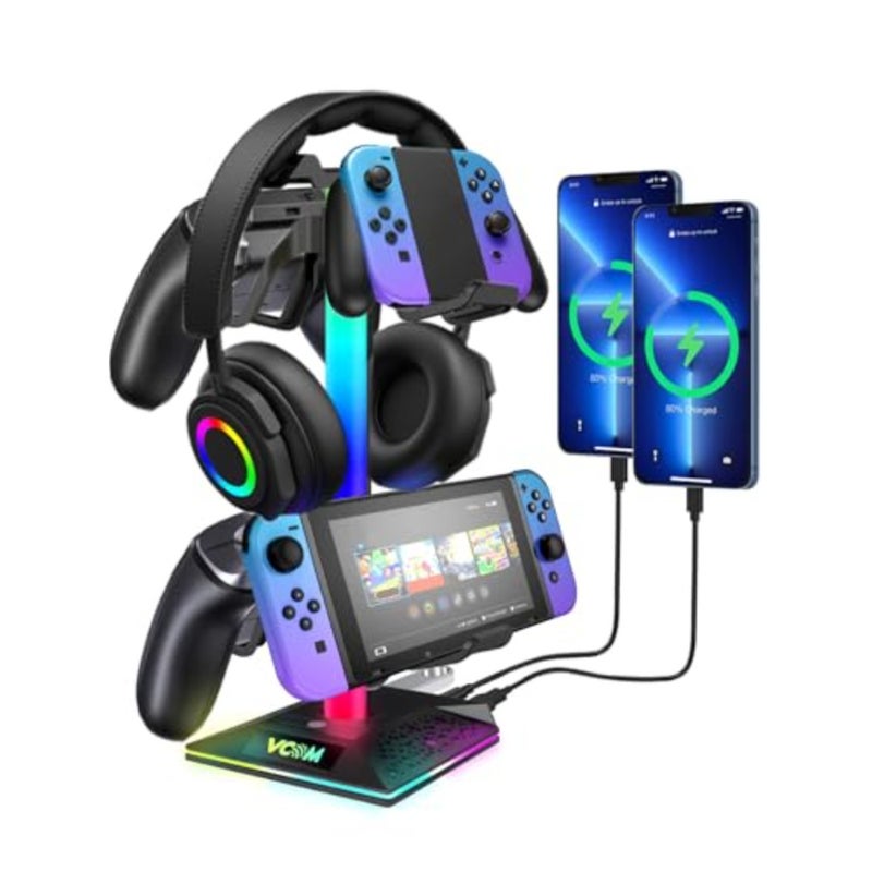 Gaming controller holder for Xbox PS5 PC, aluminum alloy, black, with RGB lighting, 10 light modes, memory feature, USB and Type-C ports, headphone stand - Image 1