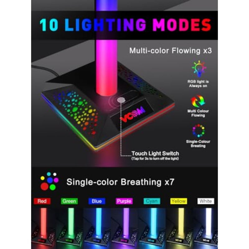 Gaming controller holder for Xbox PS5 PC, aluminum alloy, black, with RGB lighting, 10 light modes, memory feature, USB and Type-C ports, headphone stand - Image 3
