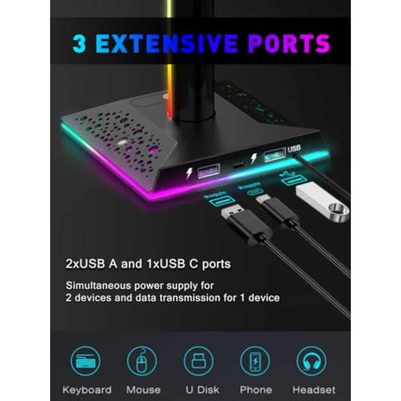 Gaming controller holder for Xbox PS5 PC, aluminum alloy, black, with RGB lighting, 10 light modes, memory feature, USB and Type-C ports, headphone stand - Image 4