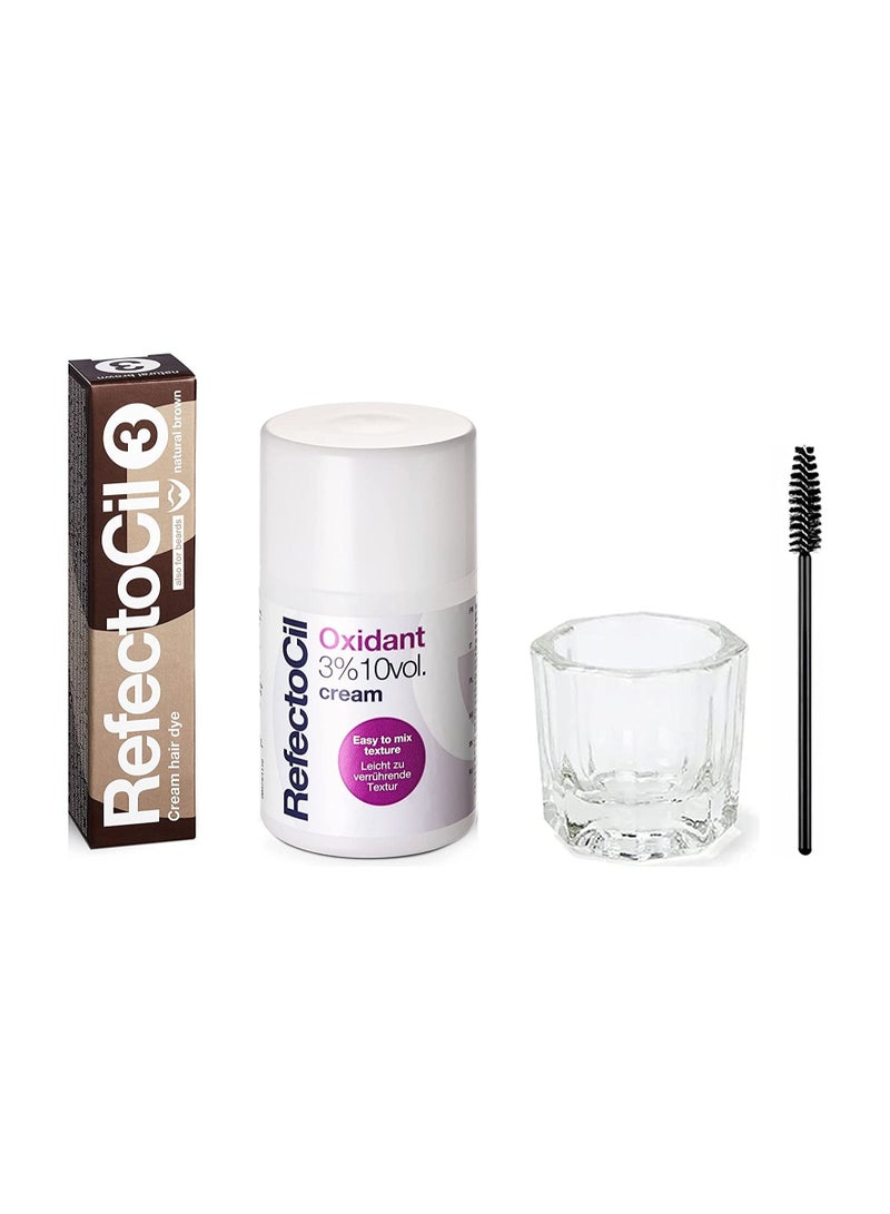 Refectocil Color Kit Natural Brown Cream Hair Dye With Liquid Oxidant 3% Pure 3.38 oz And Mixing Brush And Mixing Dish