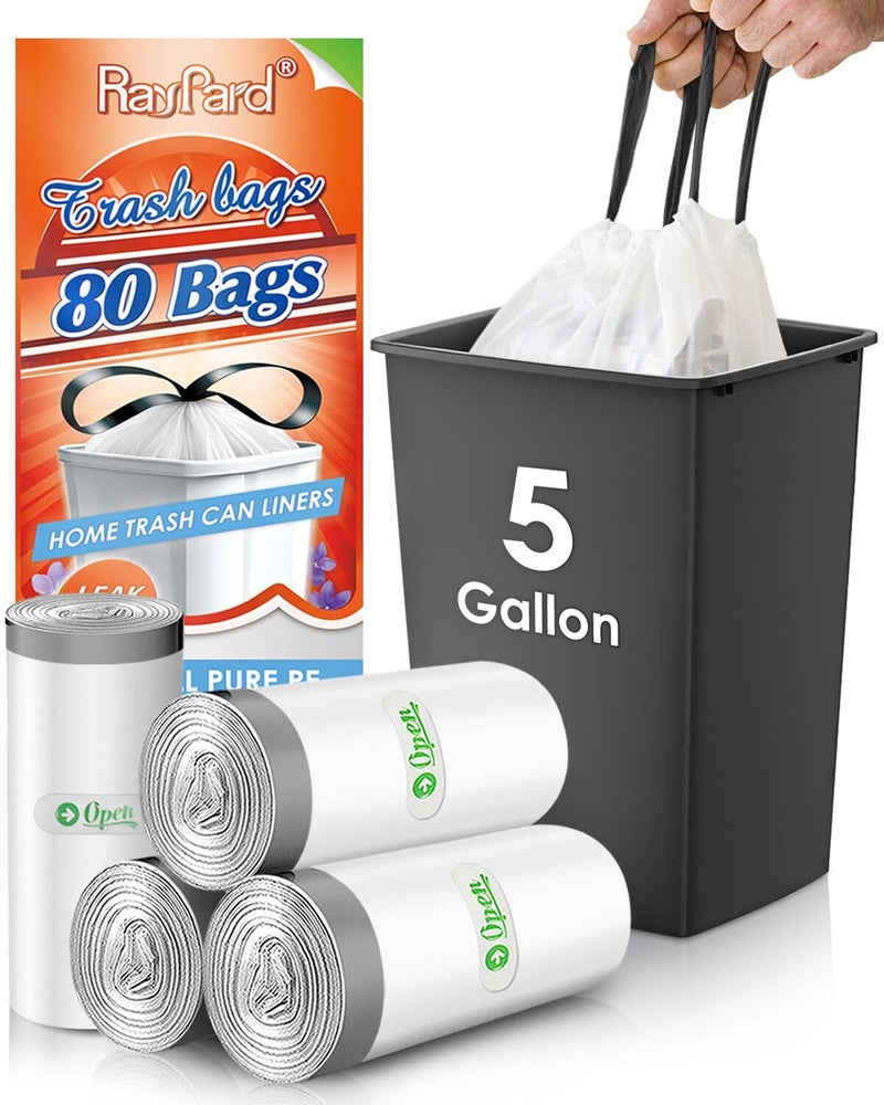 RayPard 5 Gallon 80 Counts Strong Drawstring Trash Bags Garbage Bags by RayPard Small Plastic Bags Trash Can Liners for Home Office Kitchen Bathroom Bedroom White Waste Basket Liners White - Image 1