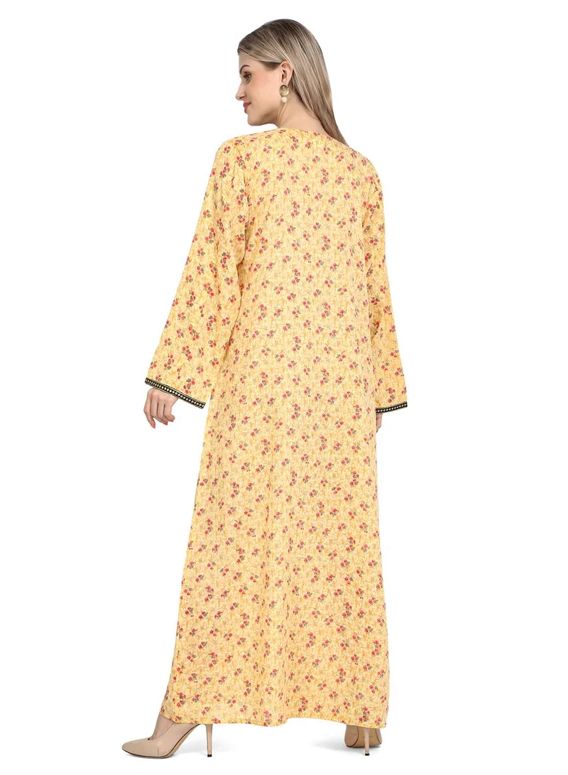 HANA & SARA LONG VISCOSE PRINTED AND NECK EMBROIDERED STYLISH ARABIC KAFTAN JALABIYA DRESS