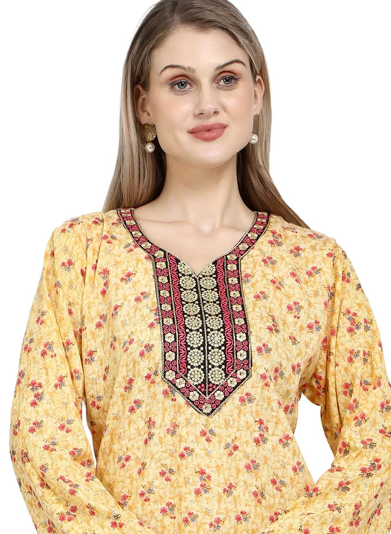 HANA & SARA LONG VISCOSE PRINTED AND NECK EMBROIDERED STYLISH ARABIC KAFTAN JALABIYA DRESS