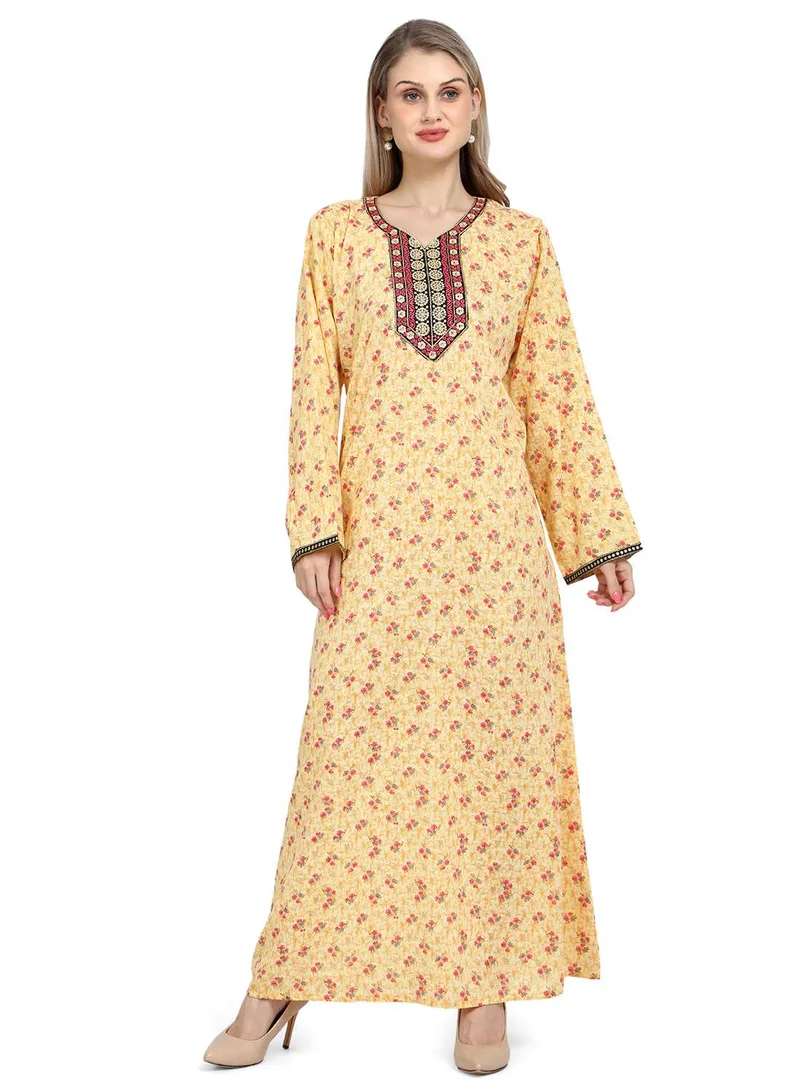 HANA & SARA LONG VISCOSE PRINTED AND NECK EMBROIDERED STYLISH ARABIC KAFTAN JALABIYA DRESS