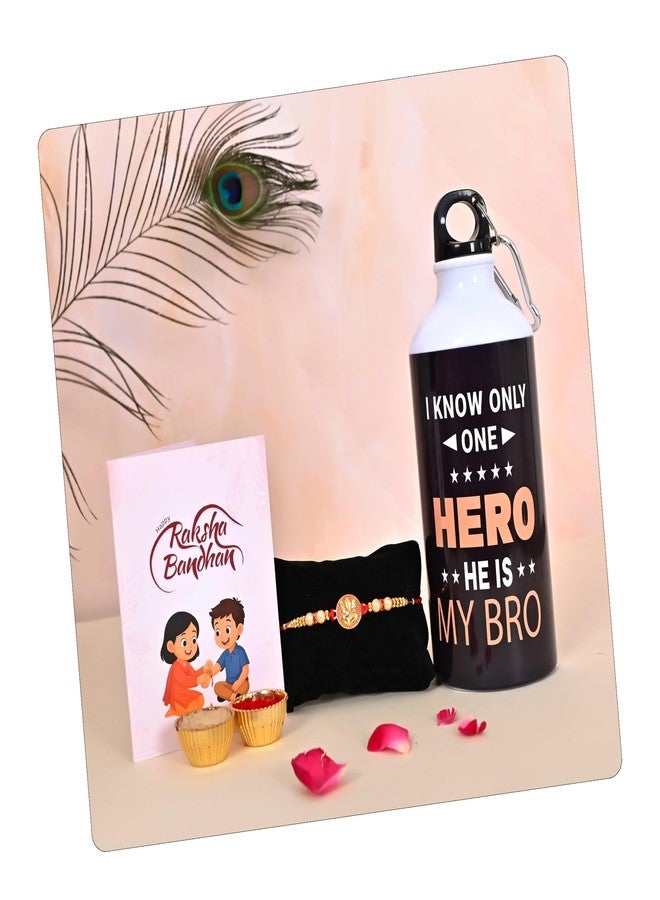 Poorak Religious Assorted Rakhi Gift – 1 Rakhi, Roli Chawal, Greeting Card & Hero He Is My Bro Printed Water Bottle (Sipper) - Image 1