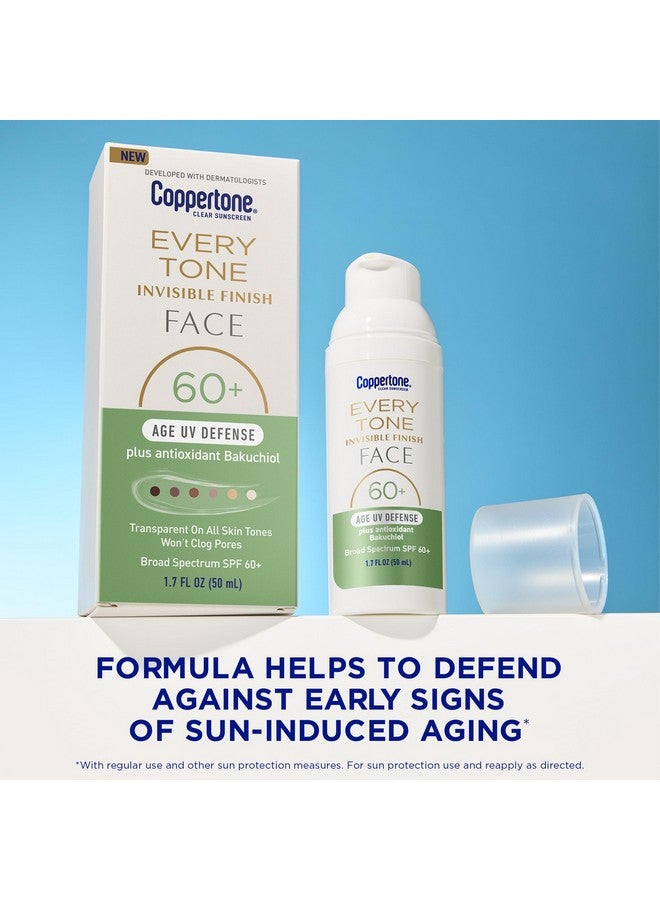 واقي شمسي للوجه من Coppertone Every Tone Invisible Finish Age UV Defense SPF 60+ مع Bakuchiol، خفيف الوزن، يمتزج مع واقي شمسي شفاف لجميع ألوان البشرة، زجاجة مضخة سعة 1.7 أونصة سائلة - Image 2