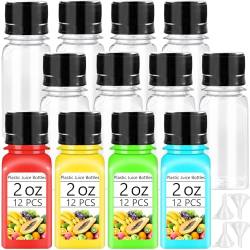 Haawooky 12 Pcs 2oz Small Shot Bottles with Black Caps,Plastic Ginger Shots Containers with 4 Funnels,Clear Empty Plastic Juice Bottles for Juice, Milk and Other Beverages - Image 1