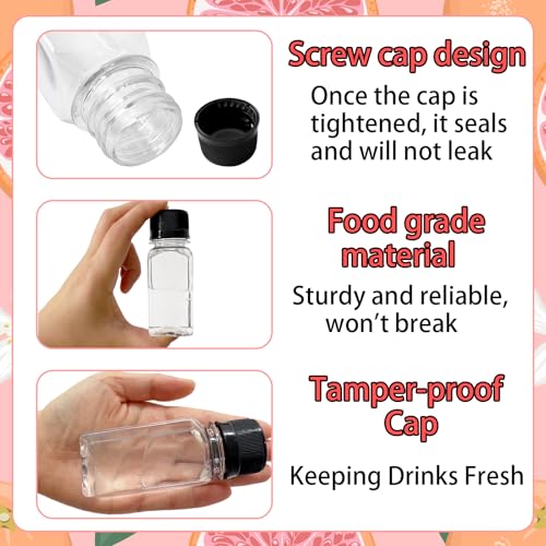 Haawooky 12 Pcs 2oz Small Shot Bottles with Black Caps,Plastic Ginger Shots Containers with 4 Funnels,Clear Empty Plastic Juice Bottles for Juice, Milk and Other Beverages - Image 3